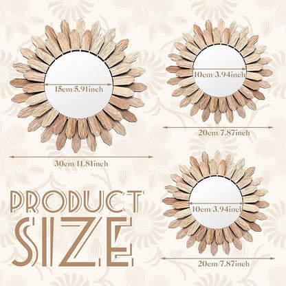3 Pack Gold Sunburst Mirrors for Wall Decor Circle Flowers Mirrors Decorative Gold Hanging Wall Art Flowers Mirror for Home Living Dinning Room Bedroom Bathroom Boho Decoration Art (Flower)