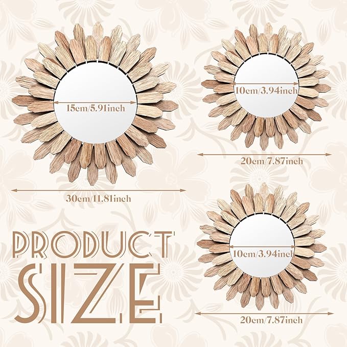 3 Pack Gold Sunburst Mirrors for Wall Decor Circle Flowers Mirrors Decorative Gold Hanging Wall Art Flowers Mirror for Home Living Dinning Room Bedroom Bathroom Boho Decoration Art (Flower)