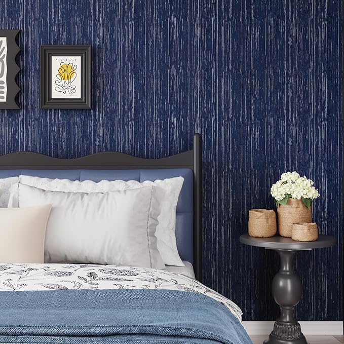 CRE8TIVE Dark Blue Grasscloth Wallpaper Peel and Stick Fabric Woven Textured Wallpaper Faux Grasscloth Contact Paper for Walls Prepasted Renter Friendly Blue Wall Paper for Bathroom Bedroom 12