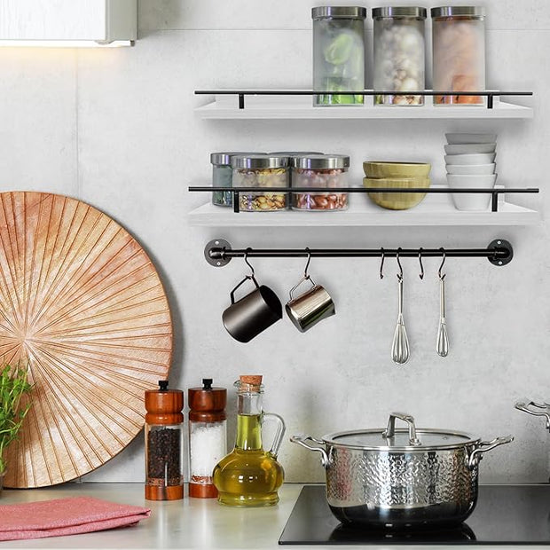 Floating Shelves for Wall, Wood Bookcases, Decor for Kitchen| Farmhouse| Bedroom| Laundry Room| Living Room| Bathroom, Hanging Storage - White