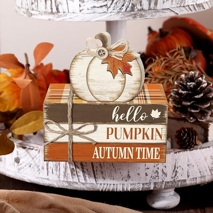 Geelin 4 Pcs Fall Tiered Tray Decorations Thanksgiving Wooden Pumpkin and Maple Leaf Book Stack Signs, Autumn Vintage Table Decoration for Home Office Table Shelf Centerpiece Farmhouse Decorations