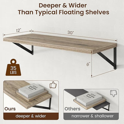 Axeman Deep Floating Shelves - 30 Inch Floating Shelves Set of 2-12 Inch Deep Grey Wood Wall Shelves for Living Room Bathroom Kitchen
