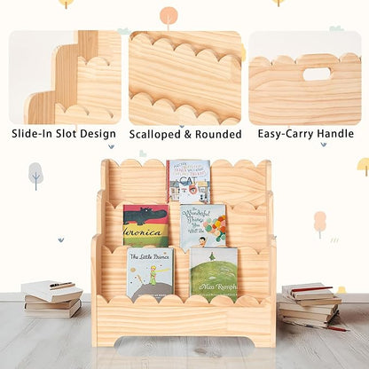 Kids Bookshelf Storage 3-Tier, Book Case for Kids Rooms, Scalloped Wooden Montessori Bookcase for Toddlers & Baby, Small Nursery & Classroom Book Shelves, Solid Wood Organizer