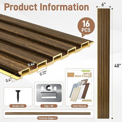WPC Wainscoting Panels, 16 Packs 48 x 6 Inch 3D Wall Panels for Interior Wall Decor, Living Room, Bedroom, TV Background, Accent Slat Wall Paneling, Light Walnut