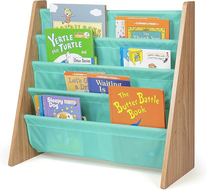 Humble Crew 4-Tier Kids Bookshelf, Natural Wood/Seafoam Green - Premium Book Shelf for Kids Rooms with Four Deep Pockets - Toddler Sling Book Rack with Deep Sleeves, Nursery Bookcase Organizer
