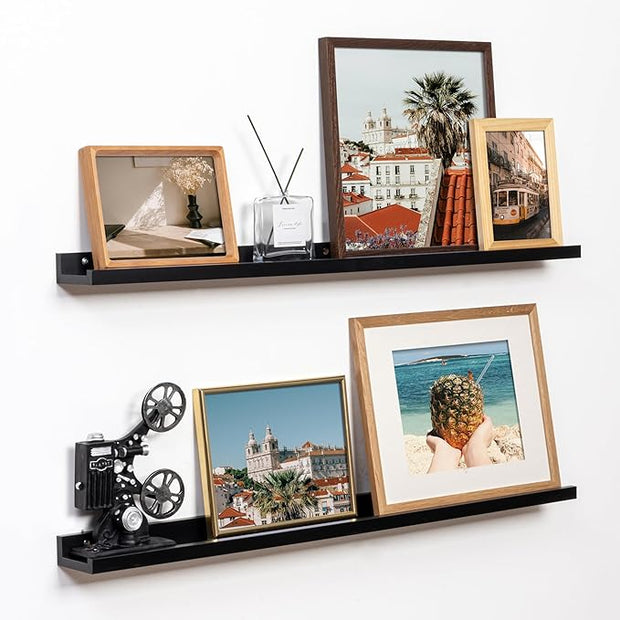 Fun Memories Picture Ledge Shelf, 32 Inch Floating Shelves Set of 2, Large Nursery Book Shelves for Toys Storage, Kids Bookshelf Wall Mounted for Wall Decor Books Photo Frames, Black