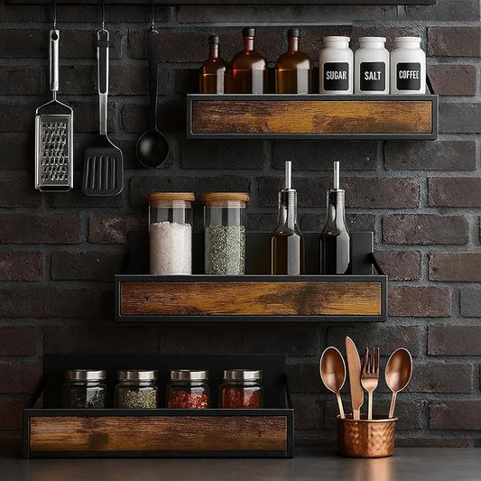 Spice Rack Wall Mount 3 Pack, Space-Saving Seasoning Organizer,Screw or Adhesive Hanging Spice Rack Organizer for Kitchen Cabinet and Wall (Engineered Wooden)