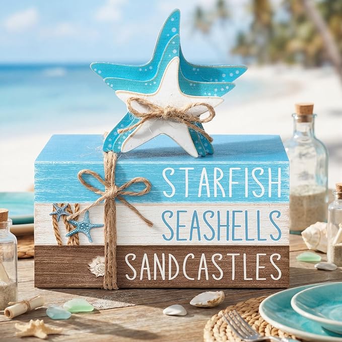 Geelin 4 Pcs Summer Beach Tiered Tray Decor Wooden Book Stack Signs, Starfish Seashell Coastal Nautical Table Centerpiece for Shelf Coffee Bar Home Kitchen Beach House Decorations