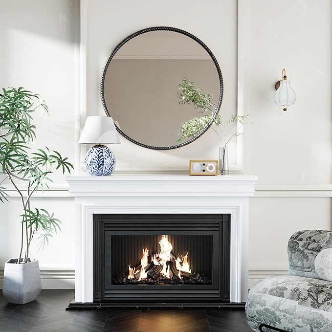 PROHOMEWARE Black Round Bathroom Mirrors, 28 inch Circle Wall Mounted Hanging Mirror for Entryway, Living Room, Hallway, Bathroom, Bedroom