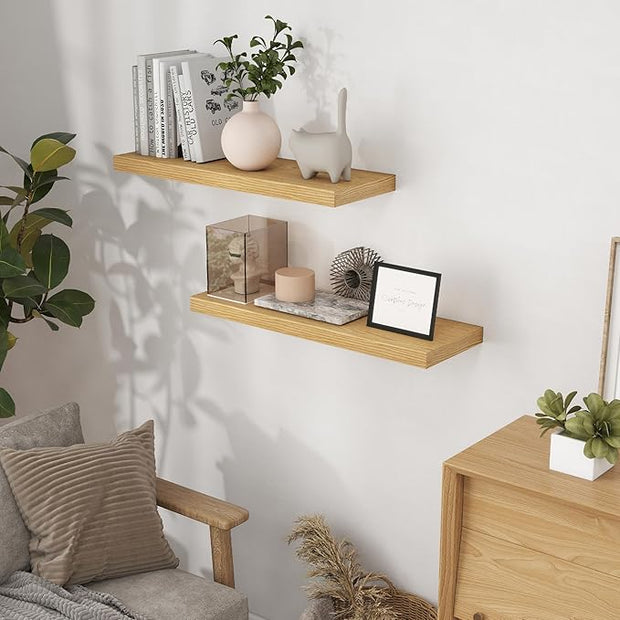 Fun Memories 32" W x 9.3" D Floating Shelves, Rustic Wood Deep Shelves for Bedroom, Kitchen, Living Room, Long Floating Shelf for Wall, Storage Display Wall Shelf for Books Decor, Oak
