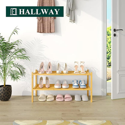 Smiry Bamboo Shoe Rack, 2 Tier Shoe Organizer for Entryway & Closet, Stackable Free Standing Storage Shelf for Shoes, Bags & Plants, Natural