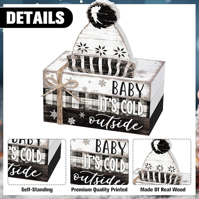 Geelin 4 Pcs Winter Tiered Tray Decorations Wooden Book Stack Signs, Rustic Farmhouse "baby It's Cold Outside" Holiday Winter Decor for Table Shelf Mantel Entryway Home Decorations