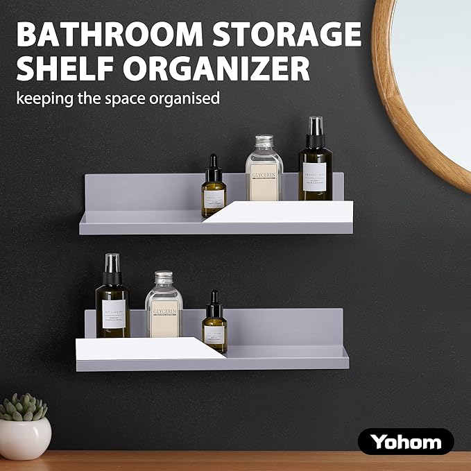 YOHOM Gray Adhesive Floating Shelf No Drilling for Bathroom Tile Wall Stick on Shower Shelf Rack Organizer 14.96inch