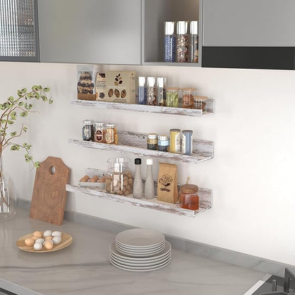 Lavezee 24 Inch Floating Shelves for Wall Set of 3, Rustic Picture Ledge Wall Mounted Shelf for Living Room, Bedroom, Kitchen, Bathroom, Distressed White