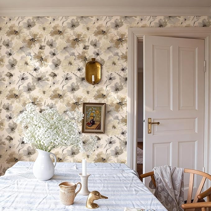 Floral Peel and Stick Wallpaper, Beige Yellow Watercolor Flower Contact Paper Peel and Stick for Bedroom Bathroom, Vintage Removable Waterproof Self Adhesive Wall Paper 118 x 17.3in, 14.4 sq.ft