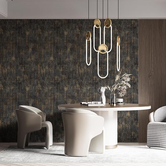 Simon&Siff Black and Gold Textured Wallpaper Distressed Industrial Metallic Wallpaper 17.3in x 39.4ft Non Woven Wall Paper for Bedroom Livingroom 3D Embossed Traditional Wall Paper Non-Pasted