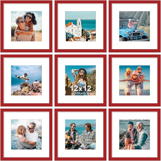 Vittanly 12x12 Picture Frames Set of 9, Shatter Resistant Plexiglass, Display 8x8 Pictures with Mat or 12x12 without Mat, Photo Frames for Wall Mount, Engineered Wood, Red