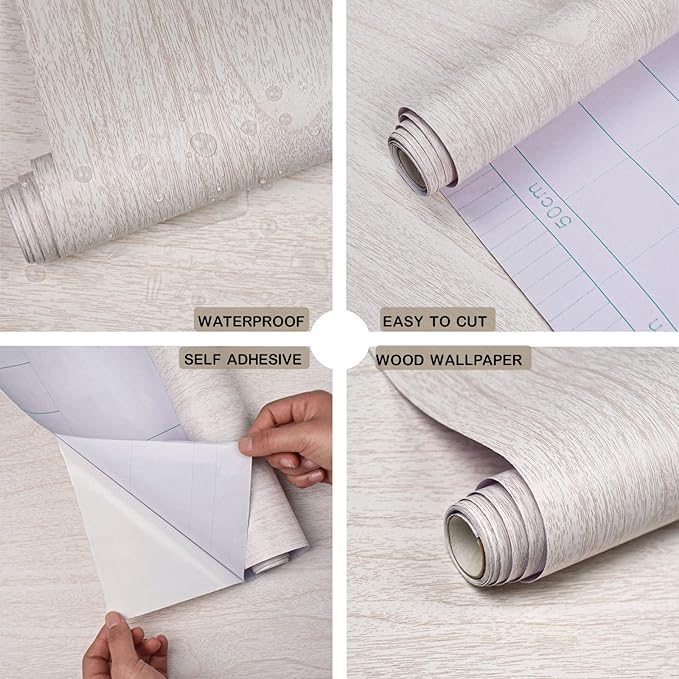 White Wood Contact Paper for Cabinets and Drawers Wood Grain Peel and Stick Wallpaper for Furniture Table Shelf Liner Self-Adhesive Wallpaper Vinyl Waterproof Easy to Install/Clean 18inW 393inL