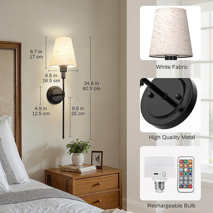 DORESshop Battery Operated Wall Sconce Set of 2, 7 Color Wireless Wall Light Easy to Install, Sconce Wall Decor Set of 2 for Bedroom, Living Room, Fabric Linen Shade, Black, 24.6in