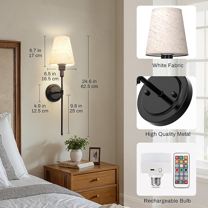 DORESshop Battery Operated Wall Sconce Set of 2, 7 Color Wireless Wall Light Easy to Install, Sconce Wall Decor Set of 2 for Bedroom, Living Room, Fabric Linen Shade, Black, 24.6in