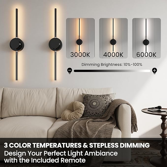 27.6" Battery Operated Wall Sconces Set of 2, Wireless Rechargeable Wall Light with Detachable Charging Case & Remote, Dimmable, 3 Color Temp, Timer, 360° Rotatable Wall Lamp for Bedroom, Living Room
