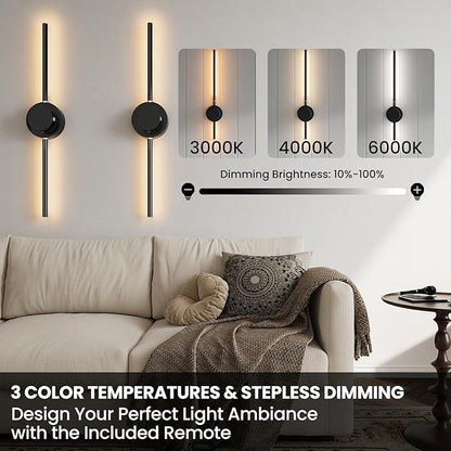 27.6" Battery Operated Wall Sconces Set of 2, Wireless Rechargeable Wall Light with Detachable Charging Case & Remote, Dimmable, 3 Color Temp, Timer, 360° Rotatable Wall Lamp for Bedroom, Living Room