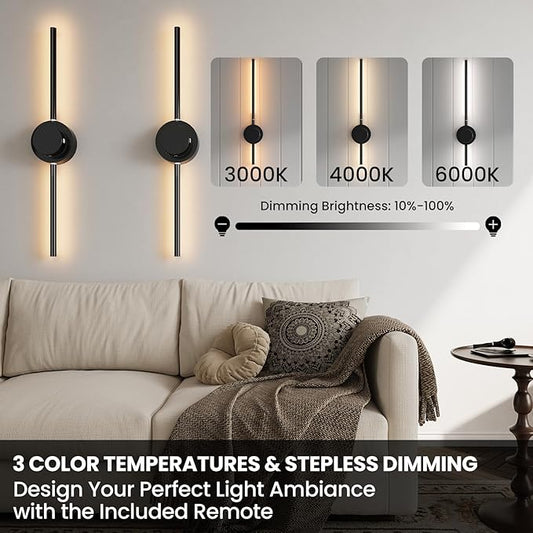 27.6" Battery Operated Wall Sconces Set of 2, Wireless Rechargeable Wall Light with Detachable Charging Case & Remote, Dimmable, 3 Color Temp, Timer, 360° Rotatable Wall Lamp for Bedroom, Living Room