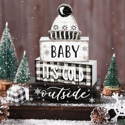 Marsui 4 Pcs Winter Wooden Tabletop Decor Wooden Hat Block Sign Rustic Tiered Tray Decor Baby Its Cold Outside Table Centerpiece Cozy Neutral Winter Decoration for Home Office Desk Shelf