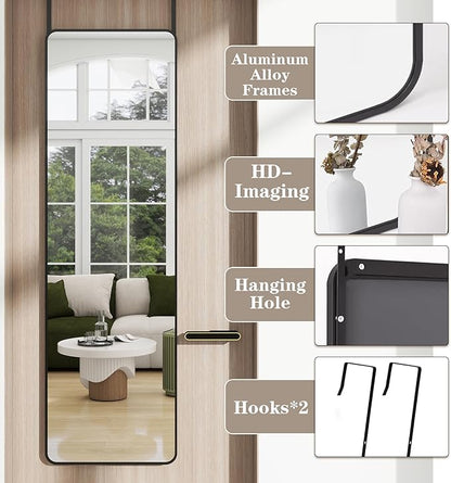 Full Length Door Mirror 14x48, Metal Frame with Protective Film, No-Drilling Hanging or Wall Mount (Horizontal/Vertical), Hooks & Hardware Included, Full Body Mirror for Bedroom, Dorm, Black