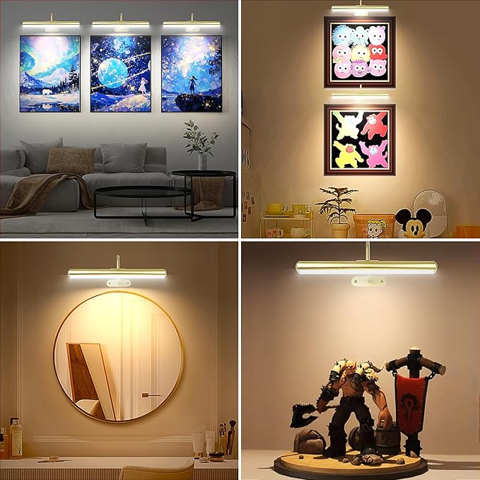 2Pack-Picture Light for Wall Artwork Rechargeable 5000mAh Painting Light with Controller, WARM/NATURE/COOL Colors,Dimmable 400LM Full Metal Wall Sconces Lamp Led for Picture Portrait Gallery-Gold
