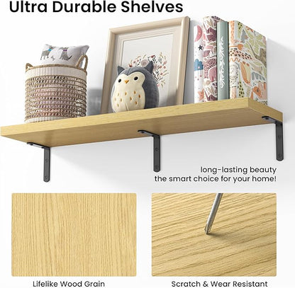 Marsmiles Extra Wide Floating Shelves for Wall, 40x8 Inch Natural Wood Grain Bookshelves, Heavy Duty Mounted Shelving for Bathroom, Kitchen, Living Room, Bedroom,Set of 2，Oak