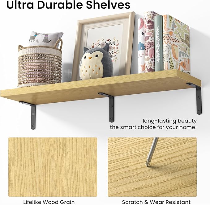 Marsmiles Extra Wide Floating Shelves for Wall, 16x8 Inch Natural Wood Grain Bookshelves, Heavy Duty Mounted Shelving for Bathroom, Kitchen, Living Room, Bedroom,Set of 2，Oak