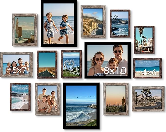 BESCRCL 15 Pack Real Glass Picture Frames Collage Wall Decor, Including 3pcs 8x10 Black, 6pcs 5x7 Light Brown, 6pcs 4x6 Brown, Photo Frames Set for Gallery Wall or Tabletop Display