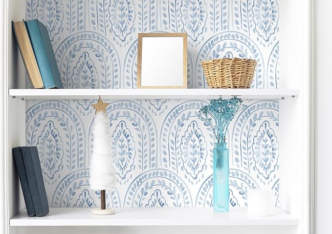 EeeComing Blue Peel and Stick Wallpaper Boho Wall Paper Peel and Stick Modern Contact Paper Self Adhesive Wallpaper for Bedroom and Bathroom Removable Cabinet Shelf Liner Vinyl 17.3”X118.1”