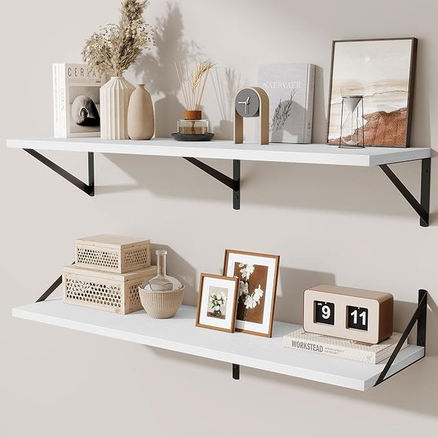 Floating Shelves for Wall,40" Wall Mounted Shelves Set of 2,Long Wood Floating Shelves,Hanging Wide Display & Storage Shelf with Metal Brackets for Bathroom,Bedroom,Kitchen,Living Room,White