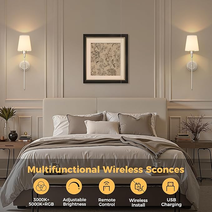 DORESshop Battery Operated Wall Sconce Set of 2, Wireless Wall Light Easy to Install, 7 Color Rechargeable Wall Sconces, Sconce Wall Decor Set of 2 for Bedroom, Living Room, Nickel, 24.6in