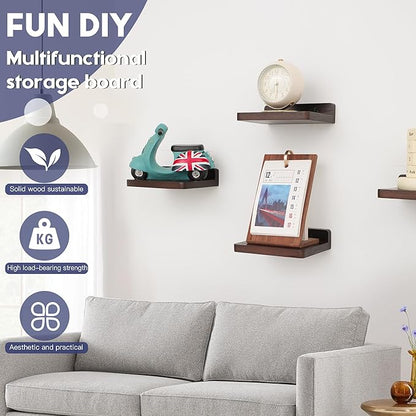 Small Floating Shelf, 5x6 Inch Display Ledges for Wall,Mini Shelves,Rustic Wood Shelf for Bedroom Living Room Bathroom Kitchen (3, Dark Walnut)