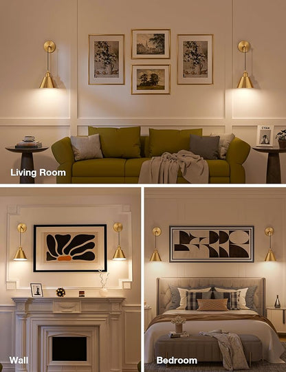 NIORSUN Brushed Gold Battery Operated Wall Sconce Set of 2, 5200mAh Dimmable Detachable Bulbs and Remote Wireless Rechargeable Wall Lights, 9 Colors Sconces Wall Decor for Bedroom Living Room Hallway