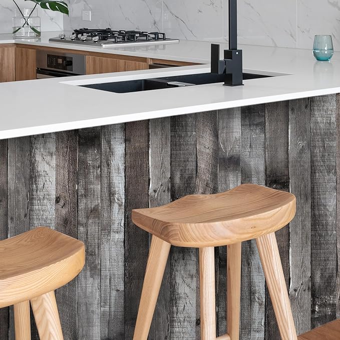 Yun-aeon Natural Wood-Dark Grey Wood Contact Paper Peel and Stick Wallpaper 17.3