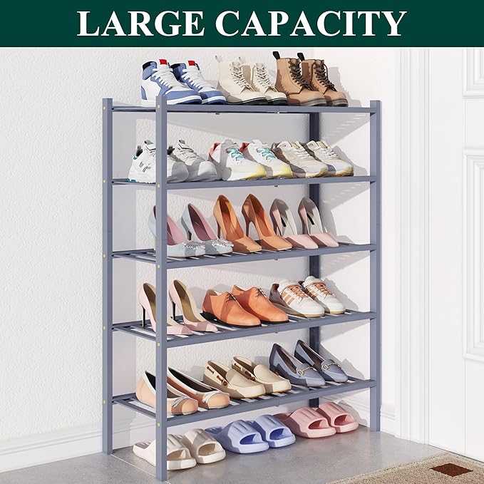Smiry Bamboo Shoe Rack for Closet, 5 Tier Wooden Stackable Shoe Organizer, Free Standing Shoes Storage Shelf for Entryway, Front Door Entrance, Grey