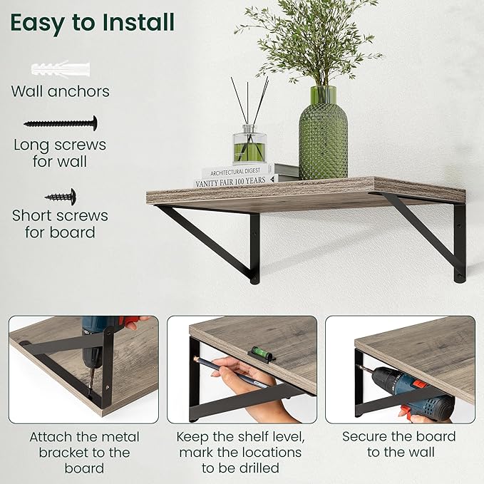 Floating Shelves, 12 Inch Deep Rustic Wood Wall Storage, 16W x 12D Wall Shelves Set of 2, Heavy Duty Metal Brackets, Large Industrial Book Shelf for Living Room, Kitchen, Bedroom, Grey