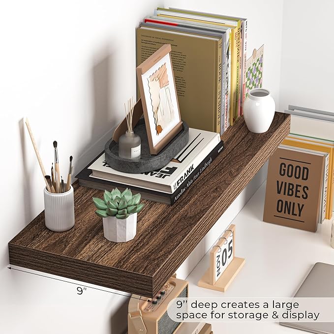 Fun Memories Floating Shelves - 24 Inch Rustic Wooden Wall Shelves - Extra Deeper & Thicker Wall Mounted Storage Shelf for Living Room, Kitchen, Farmhouse - 24