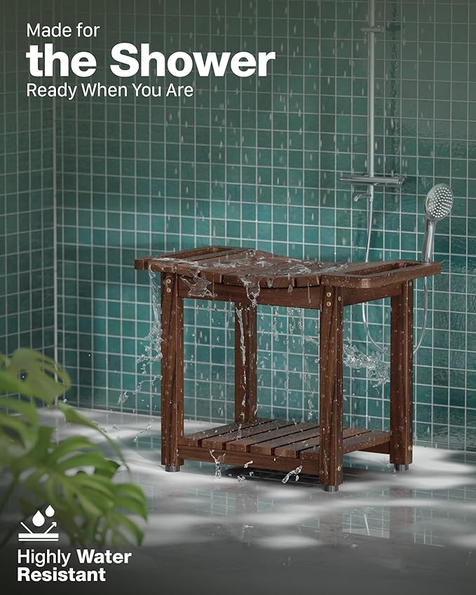 BLUEWEST Shower Bench Seat with Storage Shelf, Natural Wood Shower Benches for Inside Shower to Sit on, Waterproof Bathroom Spa Bench Stool for Legs Shaving with Built-in Handle & Shower Head Holder