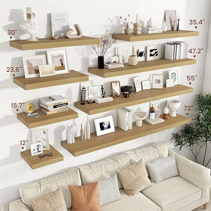Vivelove 12 Inch Deep Floating Shelves 55 inch Long, 2 Inch Thick Wall Shelves with Invisible Brackets, Shelf for Bedroom Bathroom Living Room Kitchen Office Home Decor, Modern Shelf Set of 2, Oak
