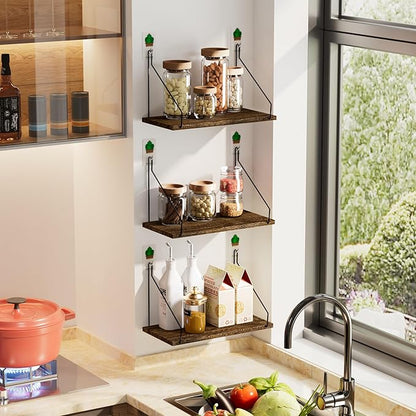 Elevate Your Space with Rustic Wood Floating Shelves Set of 3- Perfect for Bedroom, Living Room, Bathroom, and Kitchen Decor - Easy Installation, No Drilling Needed! Brown