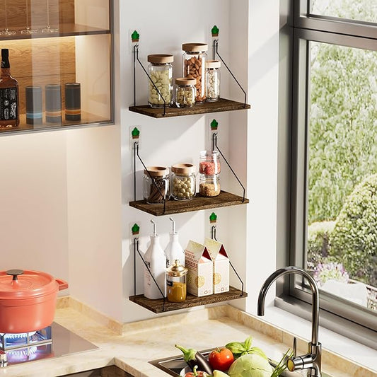 Elevate Your Space with Rustic Wood Floating Shelves Set of 3- Perfect for Bedroom, Living Room, Bathroom, and Kitchen Decor - Easy Installation, No Drilling Needed! Brown