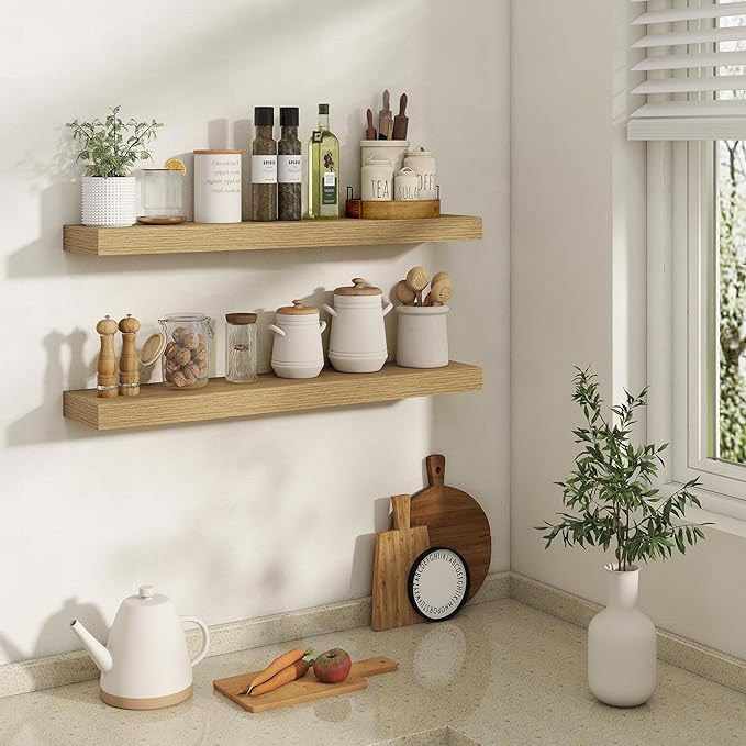 32 Inch Floating Shelves | 6.5 Inch Deep Oak Floating Shelves Set of 2 | 32" W x 6.5" D Rustic Oak Shelves with Invisible Brackets for Bathroom Living Room Bedroom