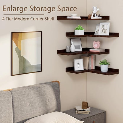 4 Tier Floating Corner Shelves Set of 4, Rustic Pine Wooden Floating Corner Wall Shelf for Wall Décor Storage, L Shaped Corner Shelf Wall Mount for Bedroom, Living Room, Bathroom, Kitchen, Red Brown.
