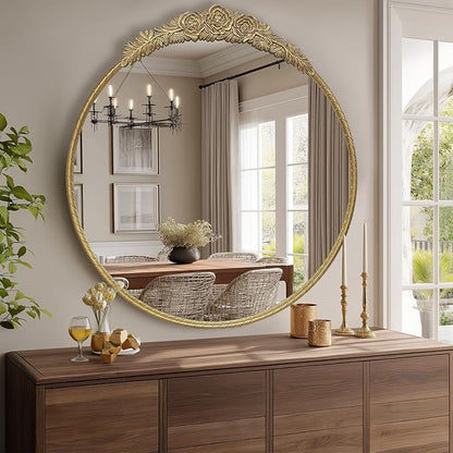 Growsun Round Wall Mirror with Vintage Gold Floral Frame – 28 Inch Decorative Wall Mirror for Living Room, Bedroom, Entryway, Bathroom Vanity – Elegant Antique Accent Home Décor