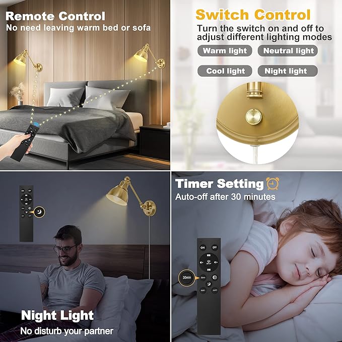 Plug in Wall Sconces Set of Two with Remote, Stepless Colors 2700K-6500K & Stepless Dimming, Premium Golden Finish, Plug in Wall Light with Night Light & Timer, LED Bulbs Included